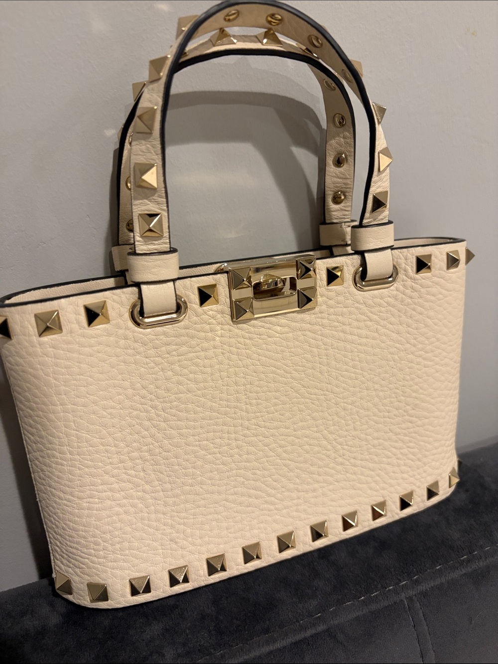 Valentino Ivory Pebbled Leather Studded Satchel with Gold Hardware